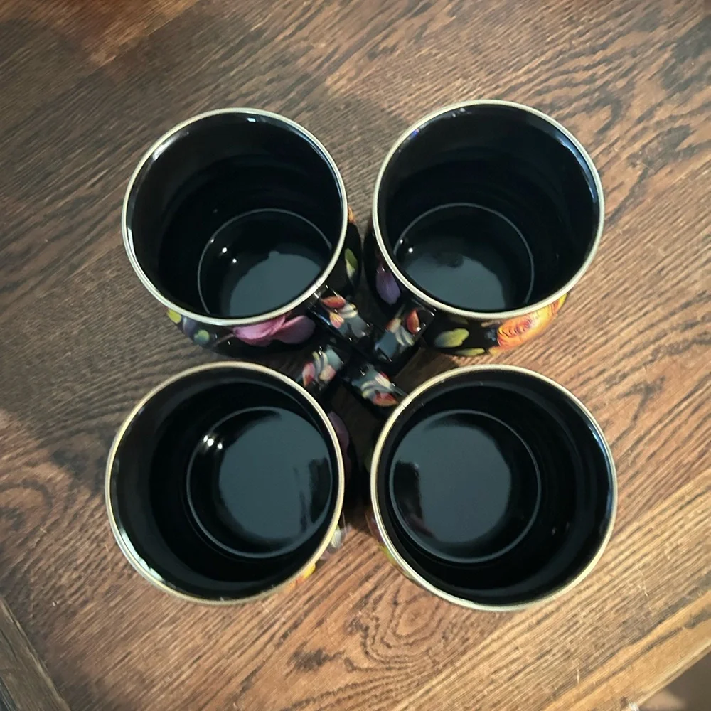 MacKenzie-Childs Black Flower Market Mugs set of 4. - Picture 5 of 7